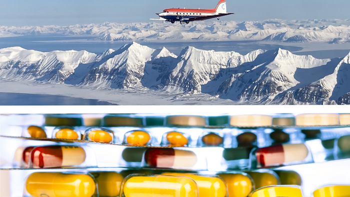 Collage aus einen Foto mit einem Flugzeug über Eis und Medikamentenblistern