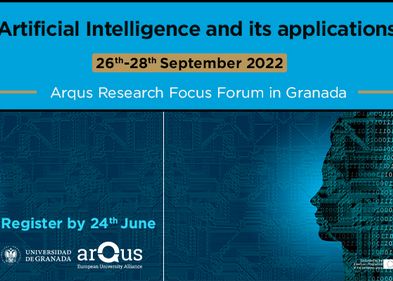 Computergrafik: Veranstaltungsplakat in englischer Sprache, auf der Grafik stehen der Titel und das Datum der Veranstaltung sowie das Logo von Arqus und der Universität Granafa