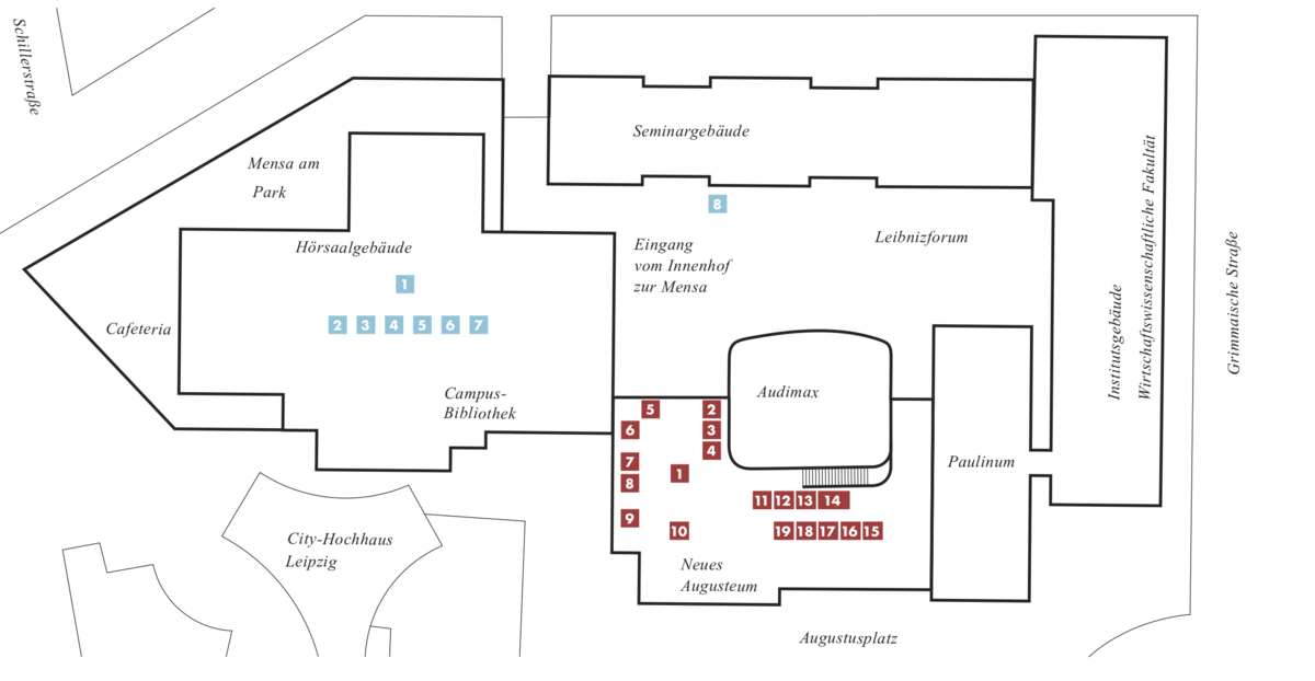 Der Lageplan zeigt den Campus Augustusplatz mit eingetragenen Informationsständen im Hörsaalgebäude und im Neuen Augusteum zum Zentralen Einführungstag am 4. Oktober 2022, Grafik: Universität Leipzig