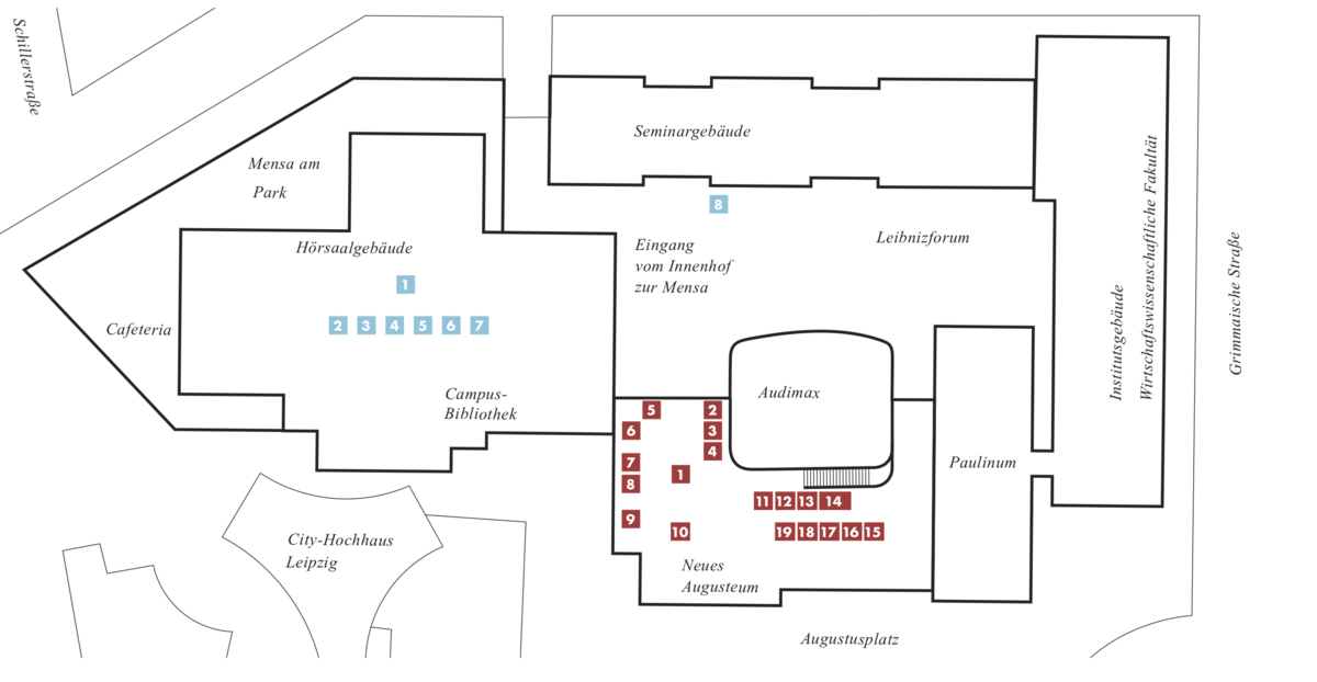 zur Vergrößerungsansicht des Bildes: Der Lageplan zeigt den Campus Augustusplatz mit eingetragenen Informationsständen im Hörsaalgebäude und im Neuen Augusteum zum Zentralen Einführungstag am 4. Oktober 2022, Grafik: Universität Leipzig
