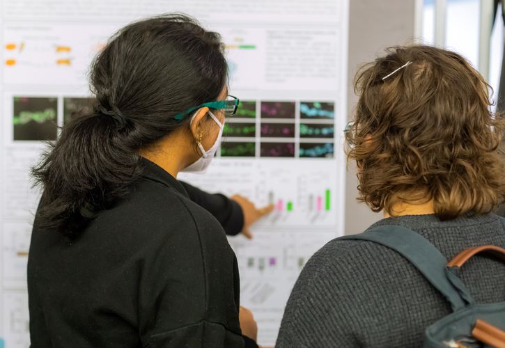 A Professor and a doctoral student stand in front of a poster and discuss results