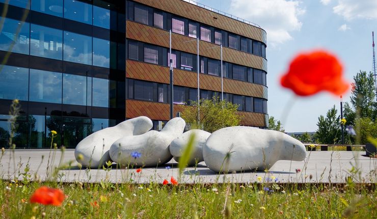 Farbfoto: Im Hintergrund steht ein mehrstöckiger, moderner Bürokomplex, davor ist eine Kunstinstallation in Form von großen "Betoklecksen", im Vordergrund ist eine Wiese mit roten Mohnblumen zu sehenn