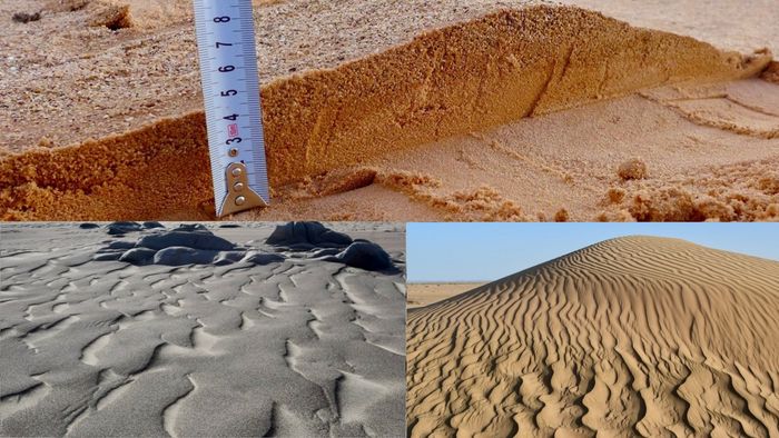 Die Mischung macht’s: Megarippel in Sandwüsten (unten) haben eine windabhängig variable Sandzusammensetzung aus groben und feinen Körnern (oben). Ein darin verstecktes universelles Korngrößenverhältnis wurde jetzt erstmals nachgewiesen.