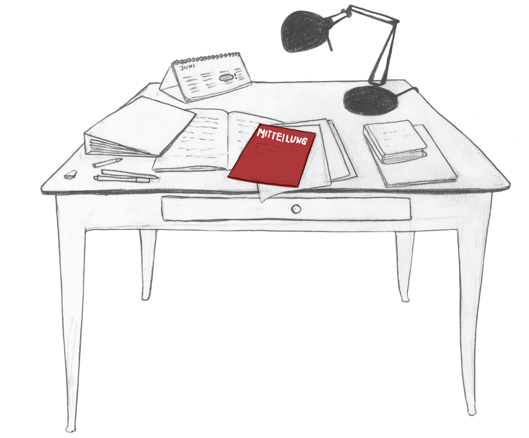 Zeichnung: Auf einem Tisch liegt ein Schreiben mit der Aufschrift Mitteilung.