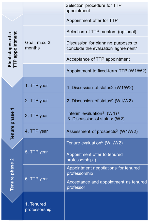 enlarge the image: „To enlarge the image: From tenure-track appointment to a tenured professorship. In the graphic you can see five steps in the process with their respective phases in chronological order. The process steps are: 1. Selection procedure for TTP appointment, 2. final stages of a TTP appointment process, 3. tenure phase 1, 4. tenure phase 2, 5. tenured professorship. The second, third and fourth sections are described in more detail. The second process step, the final stages of a TTP appointment process, is divided into the following phases: Appointment offer for TTP, optional selection of mentors for tenure-track professorship, discussion for planning purposes to conclude the evaluation agreement – in this discussion the performance goals for the tenure-track professor are set jointly, acceptance of tenure-track professorship appointment, appointment to a fixed-term W1 or W2 tenure-track professorship. The goal is to complete the process phases from the optional selection of tenure-track mentors to the acceptance of the tenure-track appointment in a maximum of three months. The third process step, tenure phase 1, typically takes four years of a tenure-track professorship. At the end of the first, second and third years, a discussion of the status takes place for the W1 or W2 tenure-track professor. In these status discussions, the performance trajectory of the W1 or W2 tenure-track professor is reviewed. In the fourth year, an assessment of the prospects for the W1 or W2 tenure-track professor is made. In this assessment, the performance status of the W1 or W2 tenure-track professor is reviewed and a prognosis is given about their future development. The assessment of prospects provides orientation for the tenure evaluation. W1 tenure-track professors also go through an additional interim evaluation at the end of their third year. In the interim evaluation, the performance of the junior professor is assessed according to Leipzig University’s Interim Evaluation Regulations (Zwischenevaluationsordnung). If the tenure-track professor proves themselves in the areas of research and teaching, the junior professorship is extended to a total of six years. If they have not yet proven themselves, the employment can be extended by up to one year. The fourth process step, tenure phase 2, typically takes two additional years of the tenure-track professorship. At the start of the first year of tenure phase 2, which typically corresponds to the fifth year of the tenure-track professorship, the tenure evaluation of the W1 or W2 tenure-track professor takes place. In the tenure evaluation, the tenure-track professor’s performance is evaluated on the basis of the performance goals set down in the evaluation agreement. If the assessment is positive, then at the latest at the end of this year of the tenure-track professorship, an appointment offer is made for a tenured professorship. If the assessment is negative, employment ends at the conclusion of the fixed term set down in the employment agreement. In this case, the University will attempt to ensure that there is a transition period of up to one year. If the tenure-track professor has received a positive tenure evaluation and an appointment offer, then this is typically followed by the start of appointment negotiations for the tenured professorship. At the start and end of the final tenure-track year, which usually corresponds to the sixth year of the tenure-track professorship, the appointment acceptance and official appointment to this professorship typically takes place. Note: If the tenure-track professor takes any leaves of absence, in particular for family reasons, then it is possible to postpone the evaluation.”