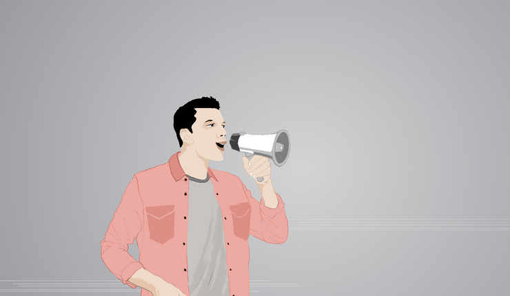 Illustration: Mann spricht in ein Megaphone.