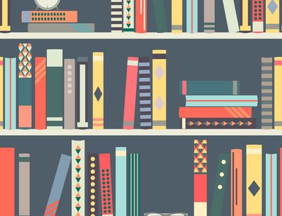 Illustration/Zeichnung: ein Bücherregal, gefüllt mit Büchern, die unterschiedlich groß und unterschiedlich farbig sind. Einige Bücher stehen im Regal, einige Bücher liegen im Regal.