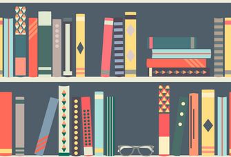 Illustration/Zeichnung: ein Bücherregal, gefüllt mit Büchern, die unterschiedlich groß und unterschiedlich farbig sind. Einige Bücher stehen im Regal, einige Bücher liegen im Regal.