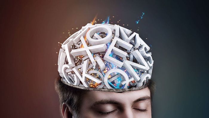 Computergrafik: stilisierter männlicher Kopf. Der obere Teil des Kopfes - das Gehirn - ist durch eine Buchstabenwolke ersetzt. 