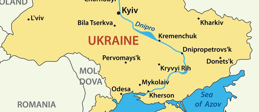 Karte der Ukraine, nur die größten Städte und die angrenzenden Länder sind eingezeichnet.