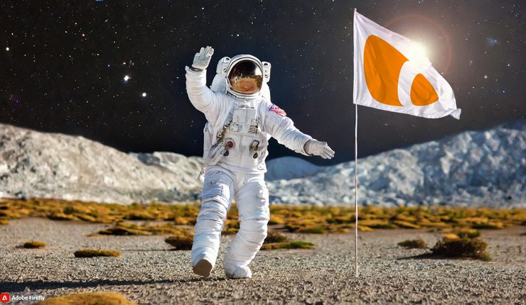 Computergrafik im fotorealistischen Stil: Ein Austronaut im Raumanzug steht auf einem Planeten und neben ihm weht eine weiße Fahne mit den TYPO3-Logo darauf