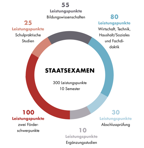 Diese Grafik zeigt den Aufbau des Staatsexamens Lehramt Sonderpädagogik mit dem Fach Wirtschaft-Technik-Haushalt/Soziales. Der Aufbau ist auch im Textteil beschrieben.