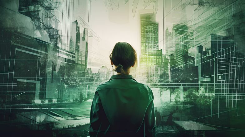 Futuristisches Bild, die eine Frau von hinten zeigt, die auf Flächen von Gebäuden blickt