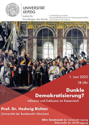 Veranstaltungsplakat, auf dem ein Gemälde von Personen vor historischer Kulisse zu sehen sind. Außerdem Angabe von Veranstaltungsdaten wie unten angegeben. 