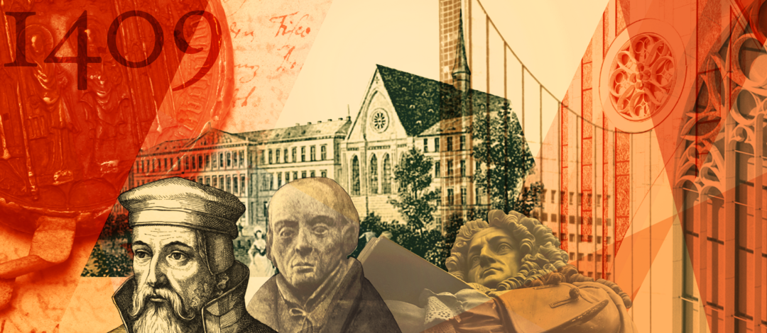 Fotocollage aus drei Aufnahmen oder Zeichnungen. Im Vordergrund von drei historisch wichtigen Persönlichkeiten wie Gottfried Wilhelm Leibniz. Im Hintergrund sind historische Aufnahmen von Universitätsgebäuden angeordnet und das historische Siegel als Wachsabdruck. Am unteren Bildrand ist ein Zeitstrahl angeordnet, die die Jahreszahlen 1409, 1539, 1687, 1906, 1968, 1990 und 2017 hervorhebt.