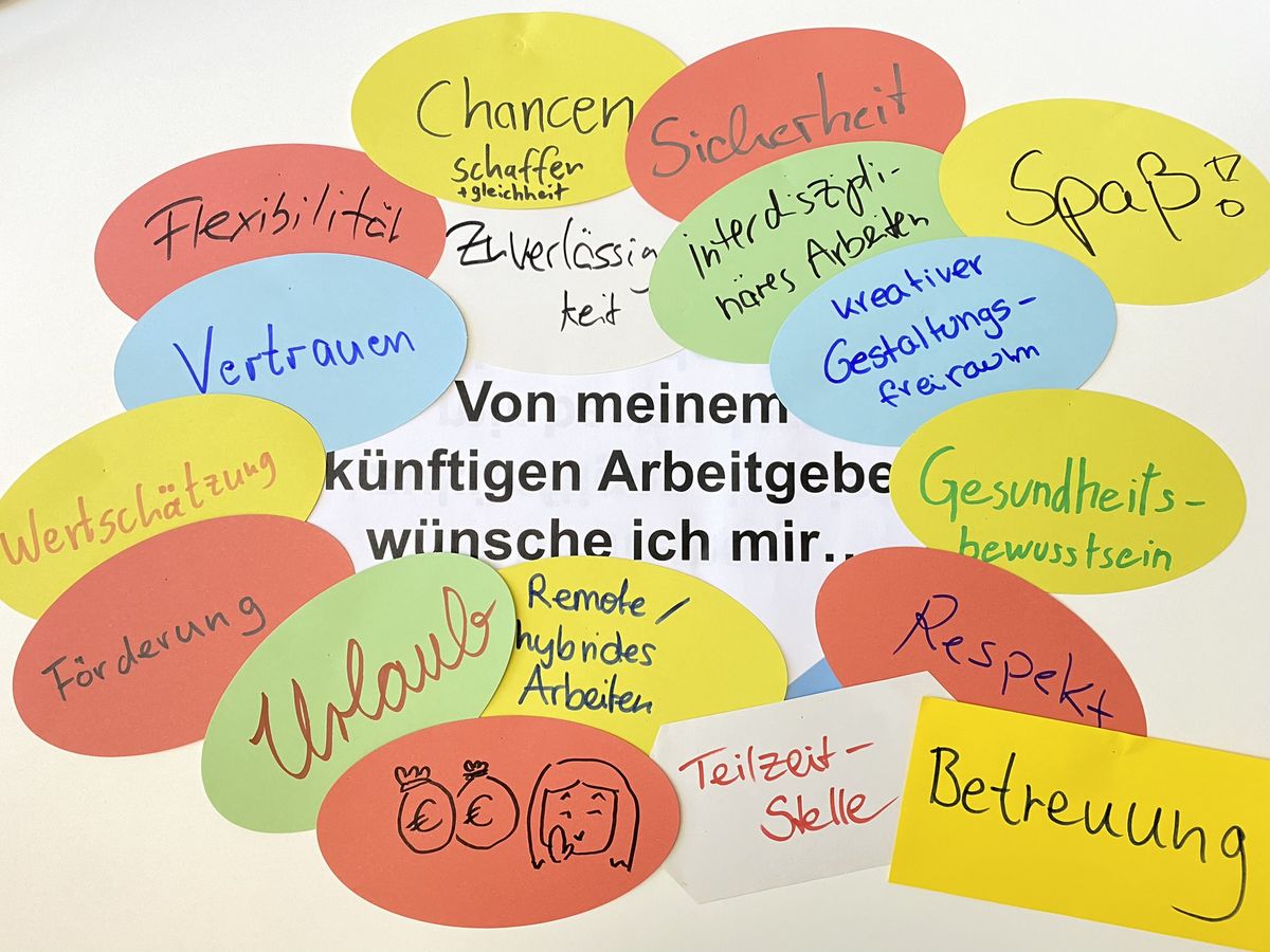 zur Vergrößerungsansicht des Bildes: Wortwolke mit Wünschen von Studierenden an Arbeitgeber:innen, zum Beispiel Sicherheit, Wertschätzung, Respekt