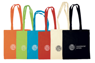 Leipzig University tote bags in orange, green, blue, red, beige and black