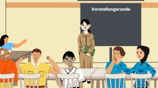 Der Screenshot zeigt eine Unterrichtssituation. Die Lehrkraft steht neben einer Tafel an der "Vorstellungsrunde" steht. An mehreren Tischen sitzen insgesamt sechs Besucher*innen der Sprachschule. 
