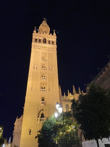 Der Glockenturm "Giralda" bei Nacht von vorn fotografiert. Er wird hell beleuchtet.