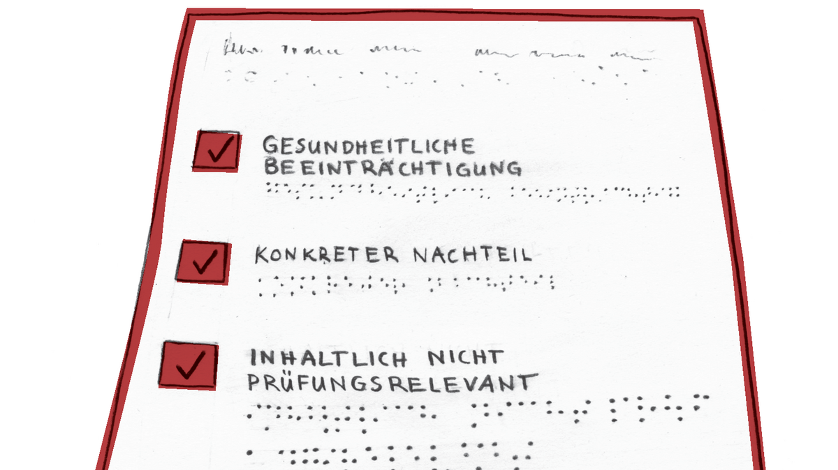 zur Vergrößerungsansicht des Bildes: Liste mit den drei Voraussetzungen des Nachteilsausgleichs: Gesundheitliche Beeinträchtigung, konkreter Nachteil und keine inhaltliche Prüfungsrelevanz.