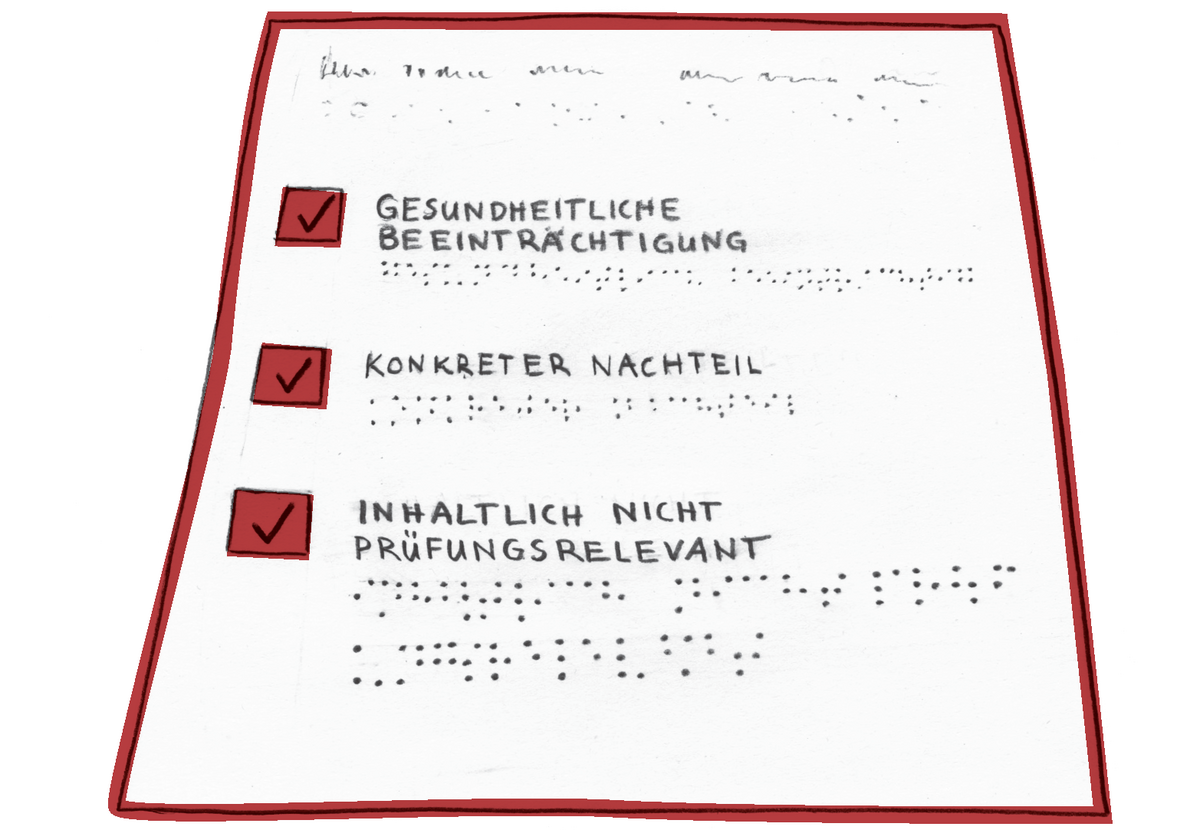 zur Vergrößerungsansicht des Bildes: Liste mit den drei Voraussetzungen des Nachteilsausgleichs: Gesundheitliche Beeinträchtigung, konkreter Nachteil und keine inhaltliche Prüfungsrelevanz.