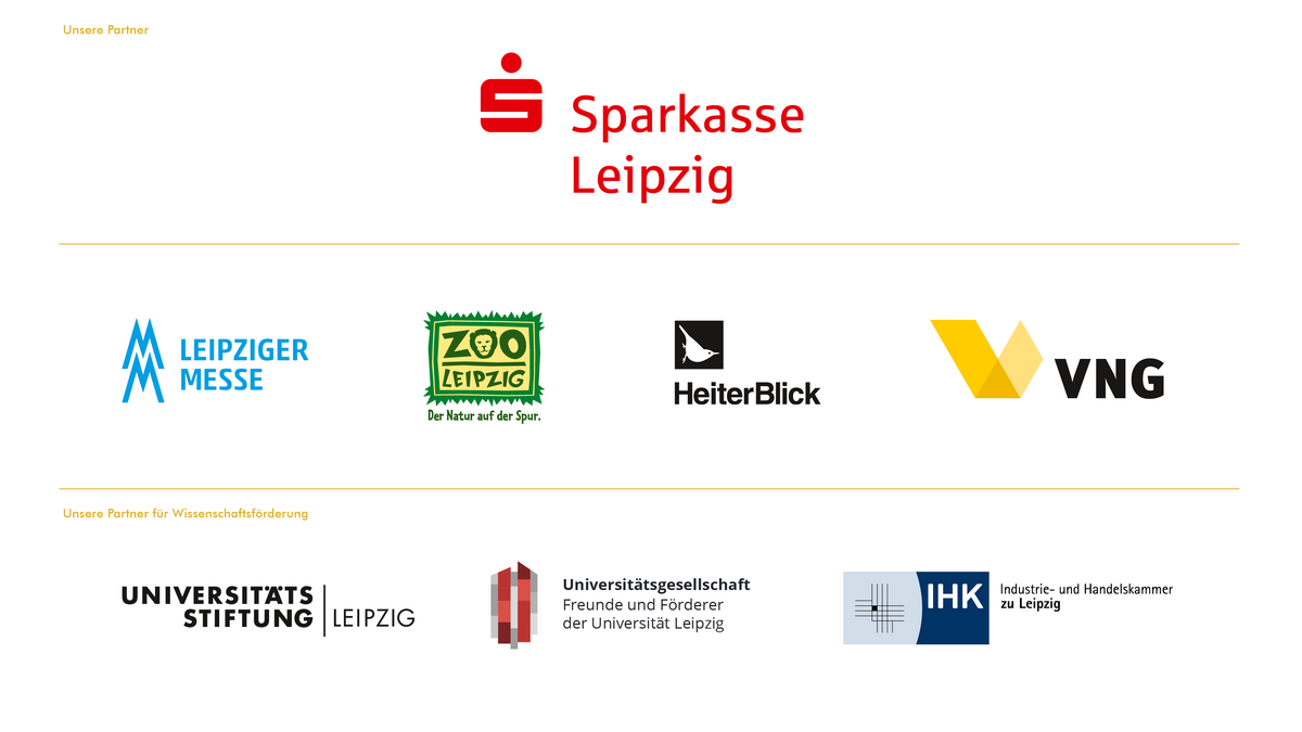 zur Vergrößerungsansicht des Bildes: Übersicht der Uniball-Sponsoren mit Logos der Sparkasse, der VNG, Zoo Leipzig, Heiterblick, VNG und zwei Logos nicht-kommerzielle Unterstützer Universitätsstiftung und Universitätsgesellschaft