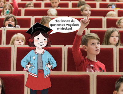 Kinder sitzen im Rahmen der Kinderuni im Hörsaal. Dem Bild ist die Grafik eines Mädchens eingefügt. In einer Sprechblase über ihrem Kopf stehen die Worte "Hier kannst du spannende Angebote entdecken".