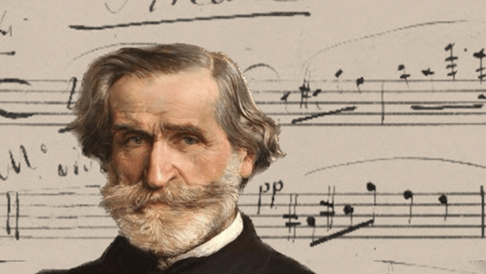 Porträt Verdis vor Notenpapier