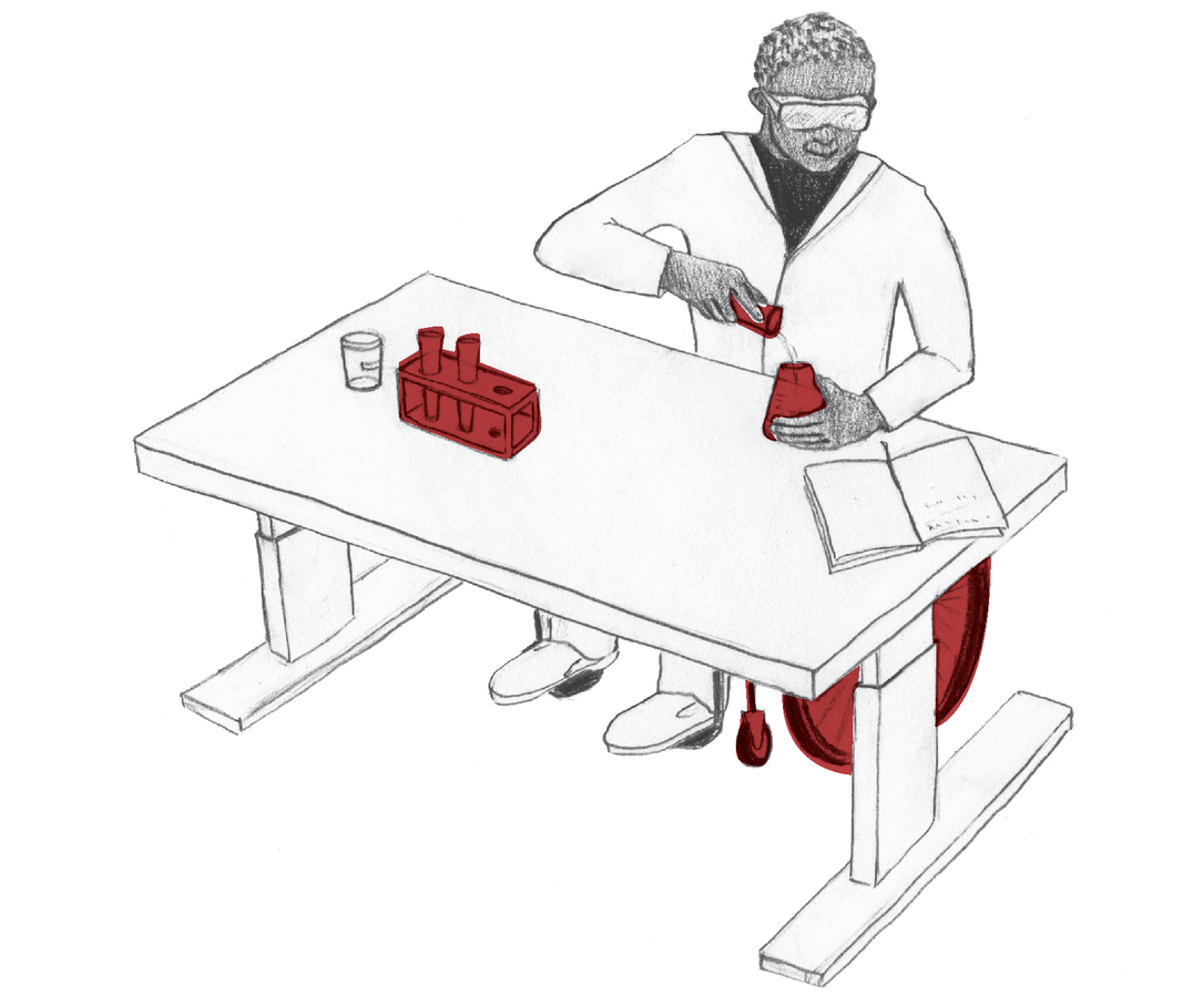 Zeichnung: Eine rollstuhlfahrenden Personen sitzt an einem höhenverstellbaren, unterfahrbaren Tisch und macht Laborarbeit.
