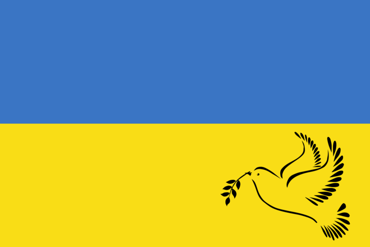 Ukraine-Flagge mit Friedenstaube, Aufruf zu Spenden