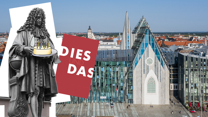 Fotocollage: Im Hintergrund liegt ein Farbfoto mit Blick aus der Luft auf den Gebäudekomplex am Campus Augustusplatz mit den Gebäuden "Augusteum" und "Paulinum". Im Vordergrund der Grafik ist das Leibniz-Denkmal zu sehen. Die Figur von Gottfried Wilhelm Leibniz hält eine gezeichnete Geburtstagstorte mit Kerzen und einen Tortenheber in den Händen. Neben der Figur ist eine rote quadratische Farbfläche mit weißer Schrift angeordnet. Auf der roten Fläche steht "Dies und das".