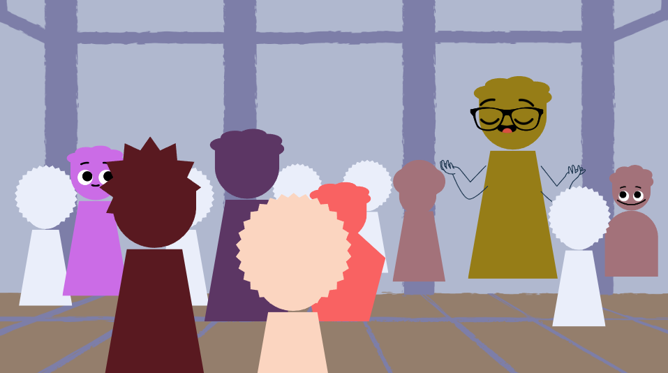 zur Vergrößerungsansicht des Bildes: Das Bild zeigt einen Ausschnitt aus dem DAWLS-Animationsvideo zum Thema "gender". Abgebildet sind mehrere Lernende und eine Lehrperson in einer Turnhalle. Die Figuren sind aus abstrakten/geometrischen Formen zusammengesetzt. 