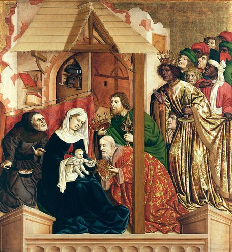 Darstellung von Joseph, der gekocht hat, als die Könige eintreffen. Wurzacher Altar von Hans Multscher, 1437