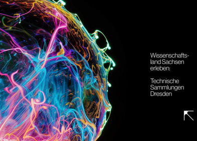 Kampagnengrafik: SPIN 3000, Eine in Neonfarben leuchtende Kugel und die Rahmendaten des Wissenschaftsfestivals auf schwarzem Hintergrund