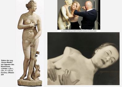 Die Skulptur der Venus Medici mit Fotografien von Scarlett Johanssen die mit der Venus fotografiert und einer unbekannten Frau die den Torso der Venus über ihren hält. Foto: Caterina Maderna