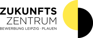 Computergrafik: halbierter Kreis, linke Hälfte ist Gelb eingefärbt , rechte Hälfte ist schwarz eingefärbt und ein Viertel nach unten verschoben, links daneben steht der Text "Zukunftszentrum, Bewerbung Leipzig Plauen"