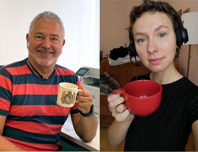 Podcast Folge 19 Dr. Jürgen Ronthaler und Annika Seiferlein mit Tassen in der Hand, Foto: privat