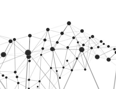 Schematische Darstellung eines Netzwerkes: Weißer Hintergrund und darauf schwarze, verbundene Punkte