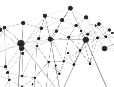 Schematische Darstellung eines Netzwerkes: Weißer Hintergrund und darauf schwarze, verbundene Punkte