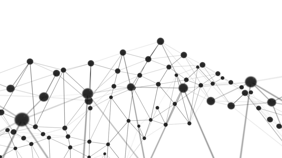 zur Vergrößerungsansicht des Bildes: Schematische Darstellung eines Netzwerkes: Weißer Hintergrund und darauf schwarze, verbundene Punkte
