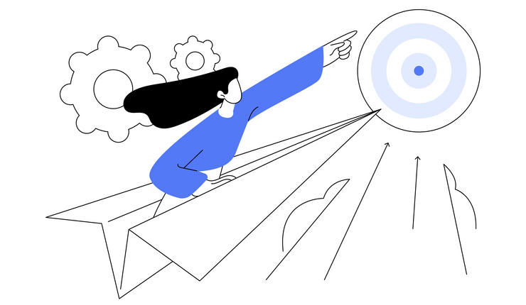 Illustration einer weiblich gelesenen Person die in einem Papierfliegers sitzt und auf ein Ziel direkt zusteuert