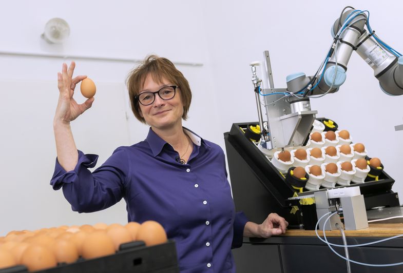 Endokrinologin Professorin Almuth Einspanier hält ein Ei in die Luft. Daneben ist ein Prototyp