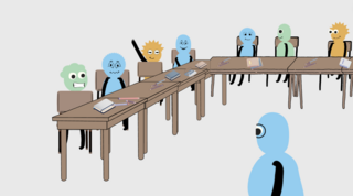 Das Bild zeigt einen Ausschnitt aus dem DAWLS-Animationsvideo zum Thema "race". Abgebildet ist eine Lehrperson vor einem Teil der Klasse. Eine Person meldet sich.