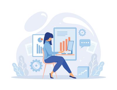 Illustration: Computergrafik. Eine weibliche Person sitzt an einem Schreibtisch und arbeitet am Computer. Im Hintergrund sind schemenhaft Diagramme, Textdokumente und Zahnräder zu sehen