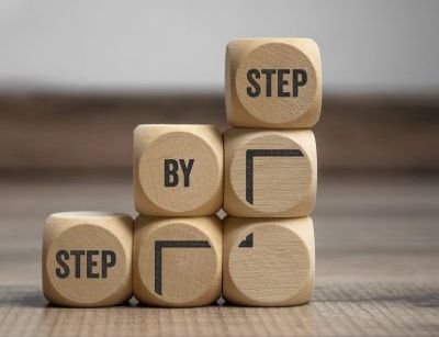 Holzklötzchen, die eine Treppe nach oben formen. Auf einigen stehen Wörter, die zusammengelesen den Ausdruck "Step by step" ergeben.