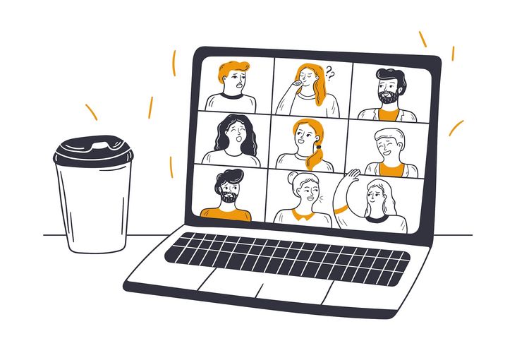Symbolgrafik: Zeichnung eines Laptops mit Teilnehmer:innen einer Videokonferenz in kleinen Bildchen auf dem Monitor, daneben ein Pappbecher. 