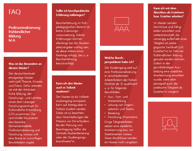 FAQ-Grafik "Professionalisierung frühkindlicher Bildung" mit den Fragenblöcken berufspraktische Erfahrung, Besonderheit am Master in Leipzig, Teilzeitstudium, Berufsperspektiven und Beruf ErzieherIn, Grafik: Universität Leipzig