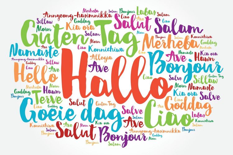 Illustration: Wortwolke aus dem Wort Hallo in vielen verschiedenen Sprachen und Farben