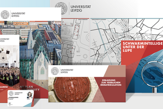 Computergrafik: Zusammenstellung von Drucksachen der Universität, wie Broschüren, Flyer, Kalender