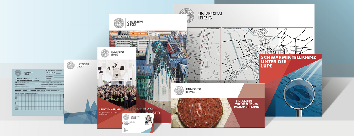 zur Vergrößerungsansicht des Bildes: Computergrafik: Zusammenstellung von Drucksachen der Universität, wie Broschüren, Flyer, Kalender